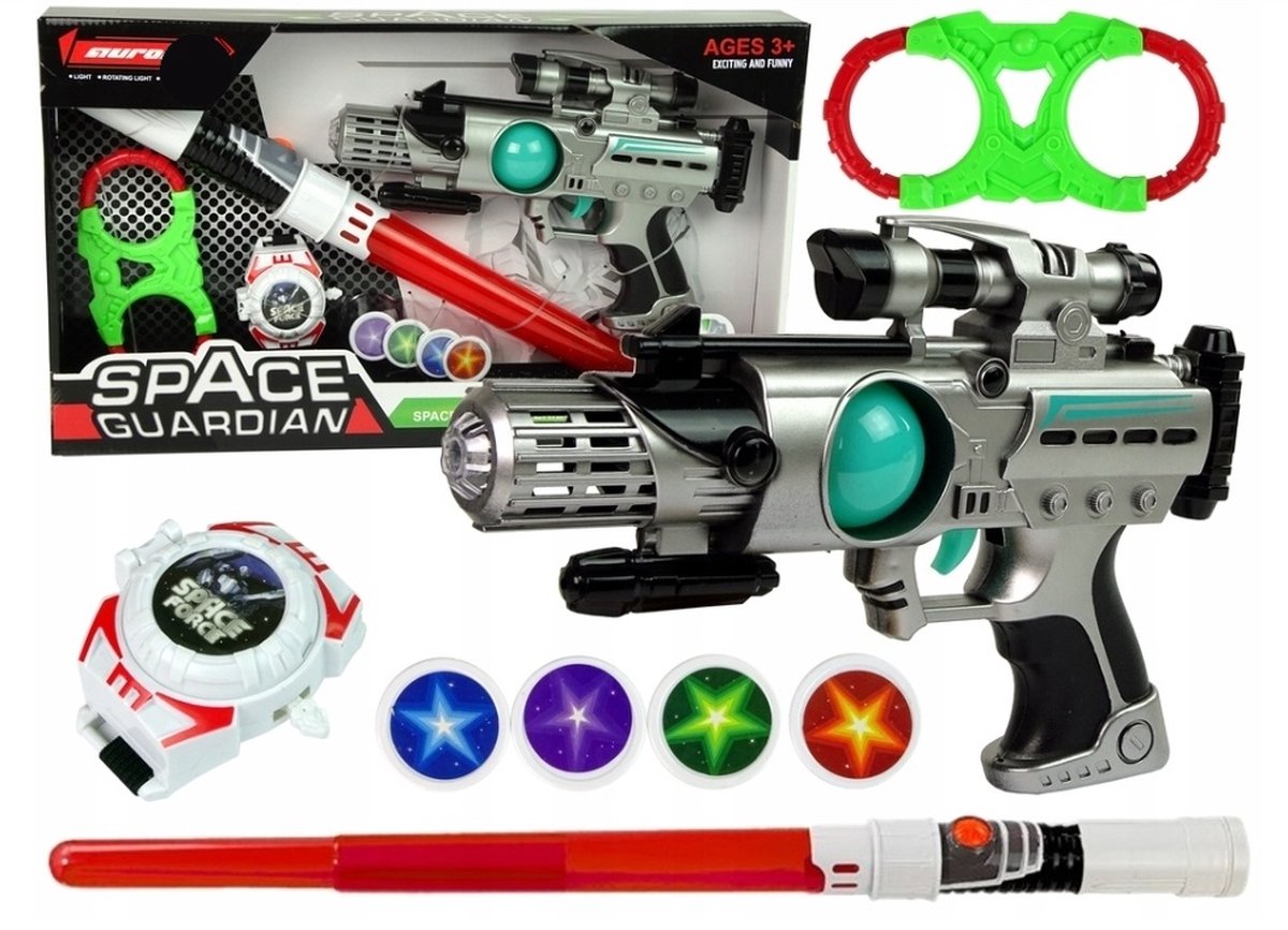 Ariko Space Warrior Set - Lichtzwaard- Ruimte speelset -Handboeien-Schijfwerper-4 Kleuren Schijven-Inclusief Batterijen.