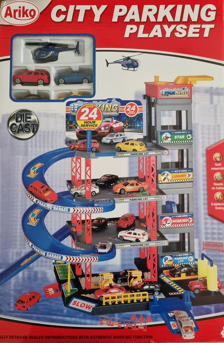   XL parkeergarage - garage speelset - 4 autos - helicopter - lift - wasstraat - helicopter platform - accessoires