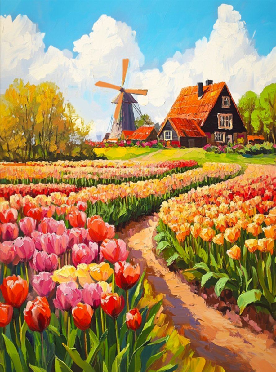 Diamond Painting - Canvas op houten frame - Tulpenveld - 30 x 40 cm
