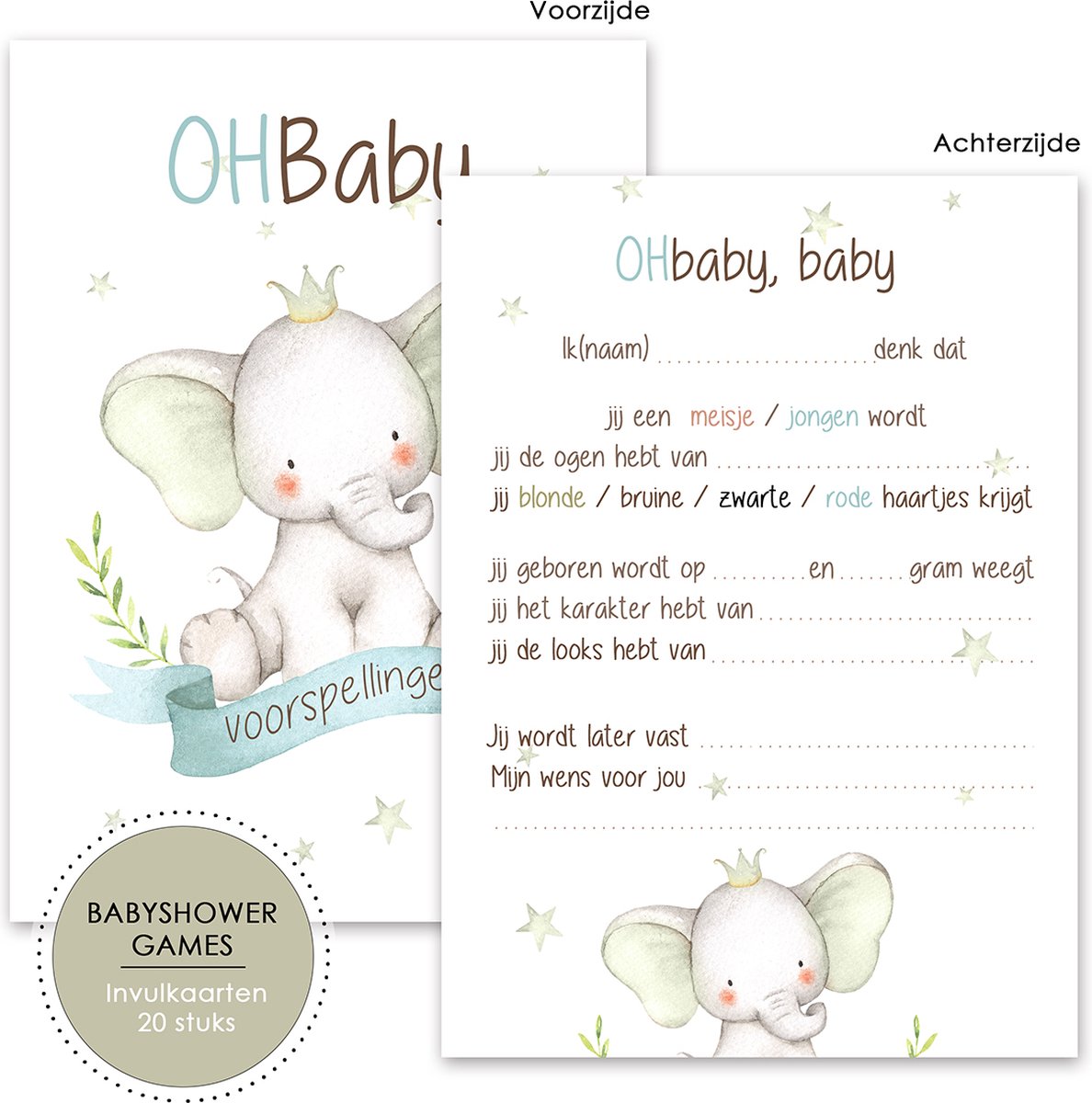 BSG510 (20 stuks)- Oh baby babyvoorspellingen - Babyshower - Babyshower Gender Reveal - Gender Reveal - Babyspelletjes - Babyshower spelletjes - babyshower invulkaarten - Babyshower versiering - invulkaarten - gender reveal versiering - Babykaarten