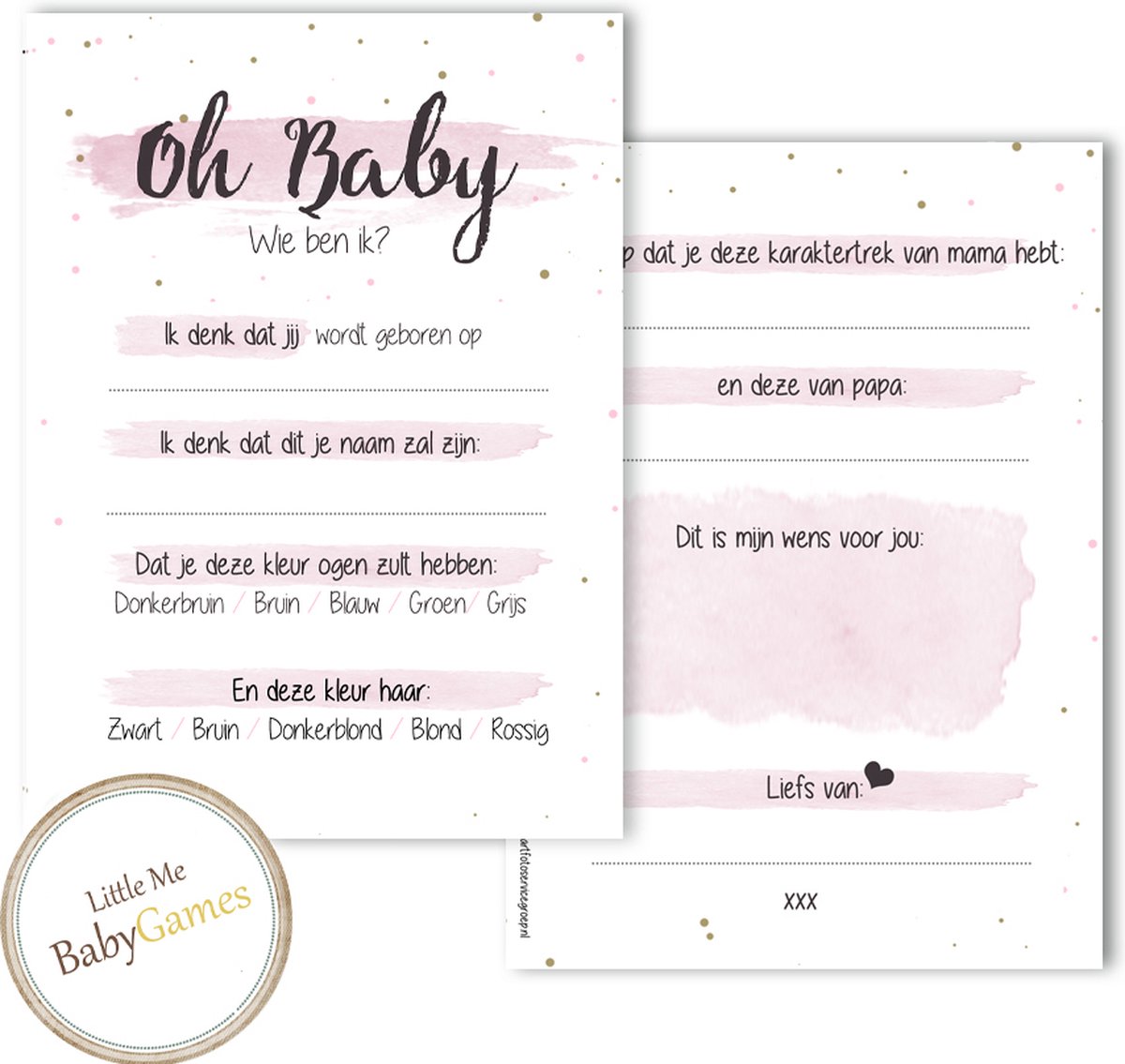 OH Baby! Babyshower invulkaarten BSG409 Girl/meisje/roze (20 stuks) - Oh Baby - Babykaarten - Babyvoorspellingen - Babyshower - Babyshowerspelletjes - Gender Reveal