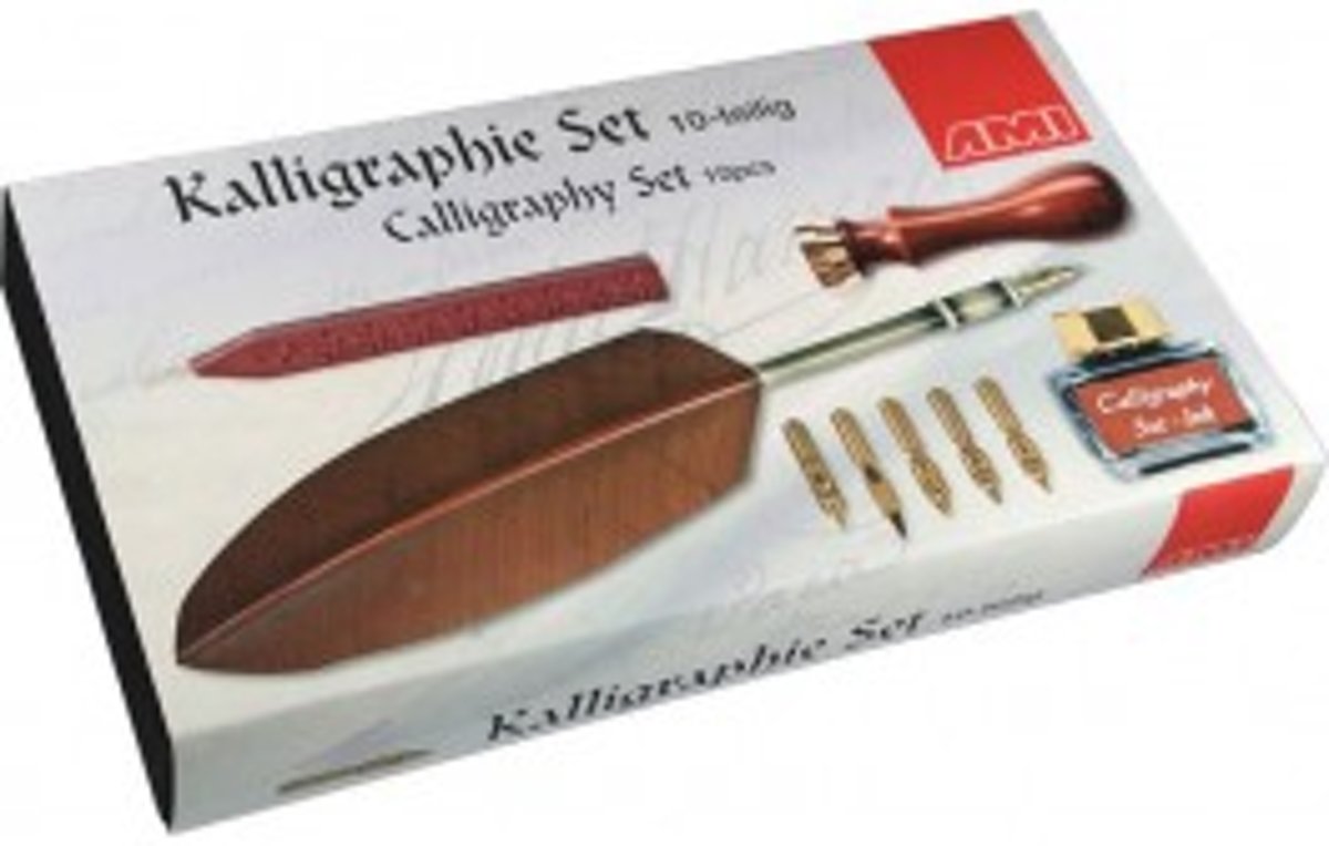 Handletteringset met veer, kalligrafie, compleet met potje inkt, was en stempel