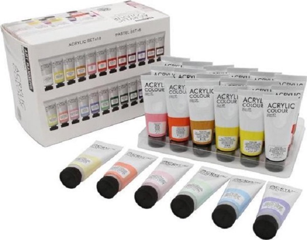 Art Ranger Acryfverfset - 24 tubes x 22 ml - 18 acryl- basiskleuren en 6 pastel tinten - acrylverf set