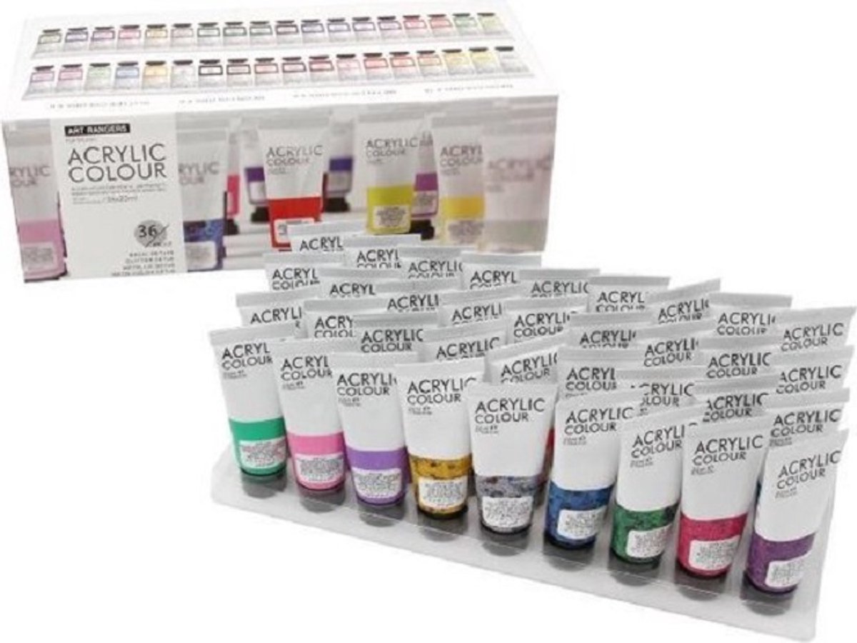 Art Ranger Acrylverf set - 36 tubes van 22 ml - 18 basiskleuren - 6x glitter 6x neon 6x metallic acrylverf