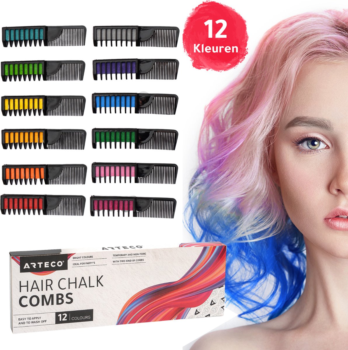 ARTECO® 12 Haarkrijt Kammen Navulbaar – Hair Chalk Haarmascara Carnaval
