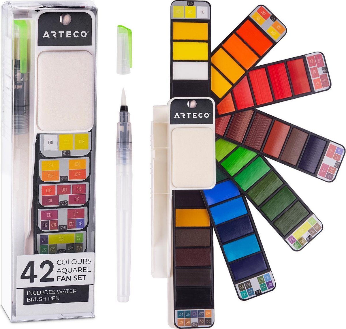 ARTECO® 42 Kleuren Aquarelwaaier - Aquarelverf Set - Brush Pennen - Handlettering - Waterverf - Bullet Journal