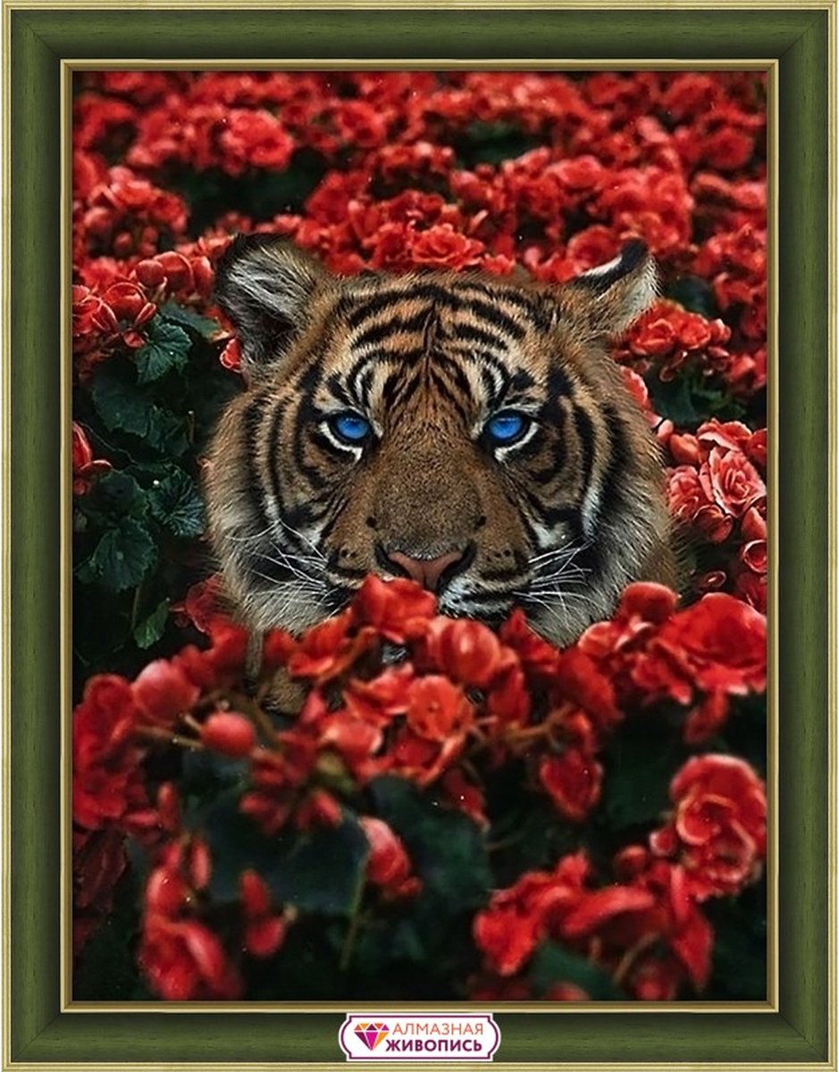   Diamond Painting  Tiger in flowers 30x40 cm Vierkante steentjes