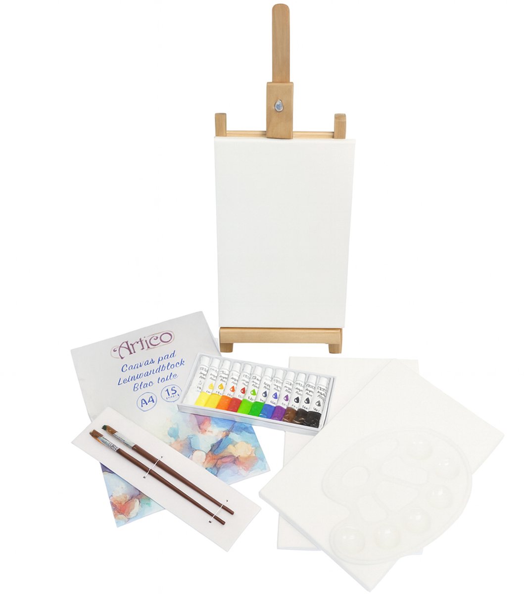 Artico Artist Set - 21-delige set - Tafel-ezel, Canvas, Penselen & 12 Acrylverfkleuren