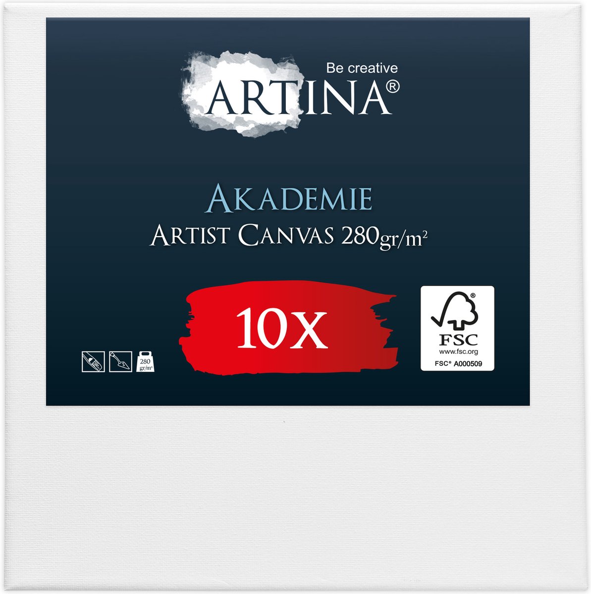 Artina Akademie Set van 10 canvas om te schilderen, 20 x 20 cm, spieraam van FSC-gecertificeerd hout, wit canvas van 100% katoen, 280 g/m²