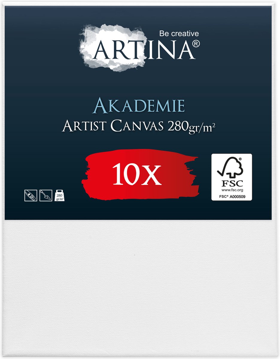 Artina Akademie – Set van 10 Schilderdoeken Canvas 40x50 cm – Spieraam van FSC® Hout – Wit Canvas 100% Katoen – 280 g/m139