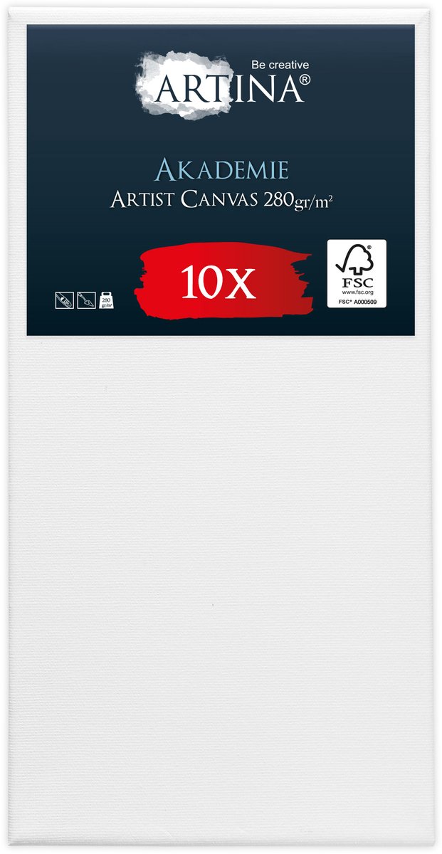 Artina Akademie – Set van 10 Schilderdoeken Canvas 50x100 cm – Spieraam van FSC® Hout – Wit Canvas 100% Katoen – 280 g/m