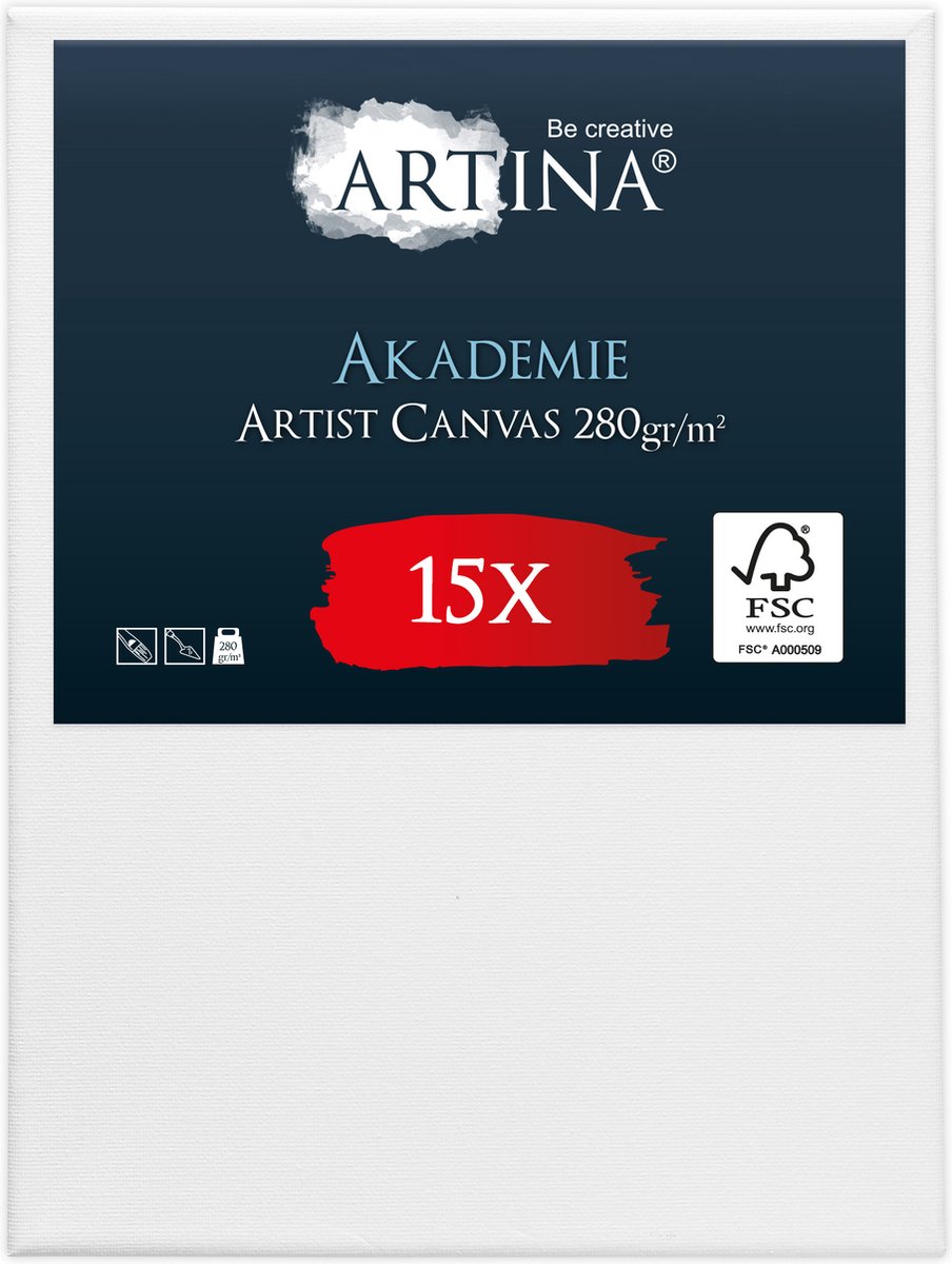 Artina Akademie – Set van 15 Schilderdoeken Canvas 18x24 cm – Spieraam van FSC® Hout – Wit Canvas 100% Katoen – 280 g/m132