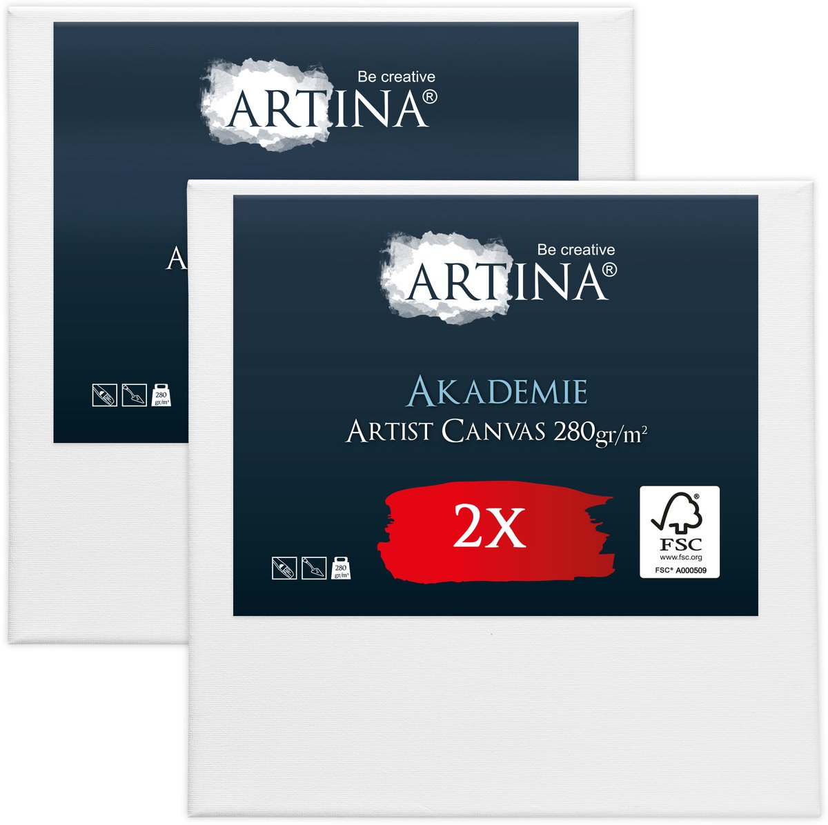 Artina Akademie – Set van 2 Schilderdoeken Canvas 60x60 cm – Spieraam van FSC® Hout – Wit Canvas 100% Katoen – 280 g/m150