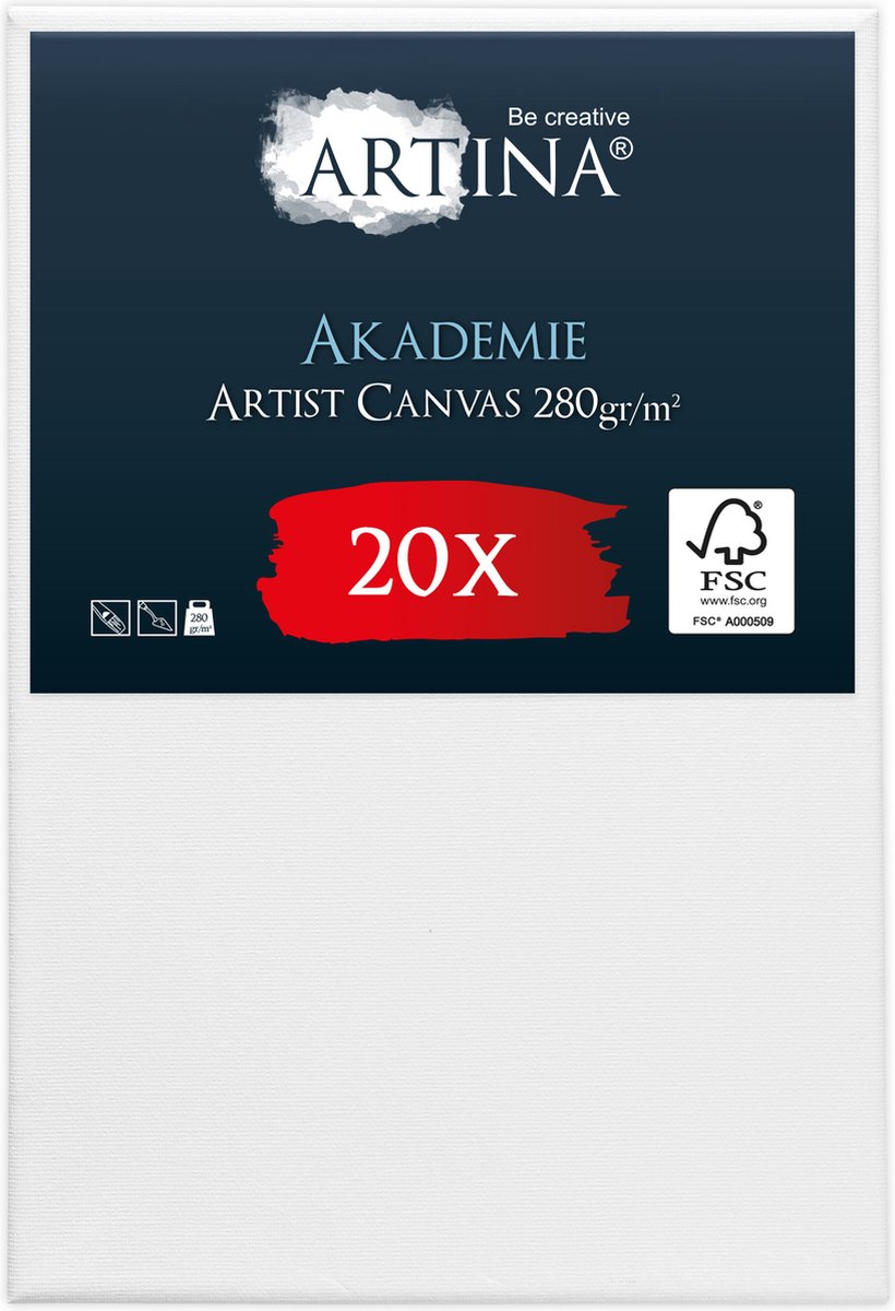Artina Akademie – Set van 20 Schilderdoeken Canvas 20x30 cm – Spieraam van FSC® Hout – Wit Canvas 100% Katoen – 280 g/m134