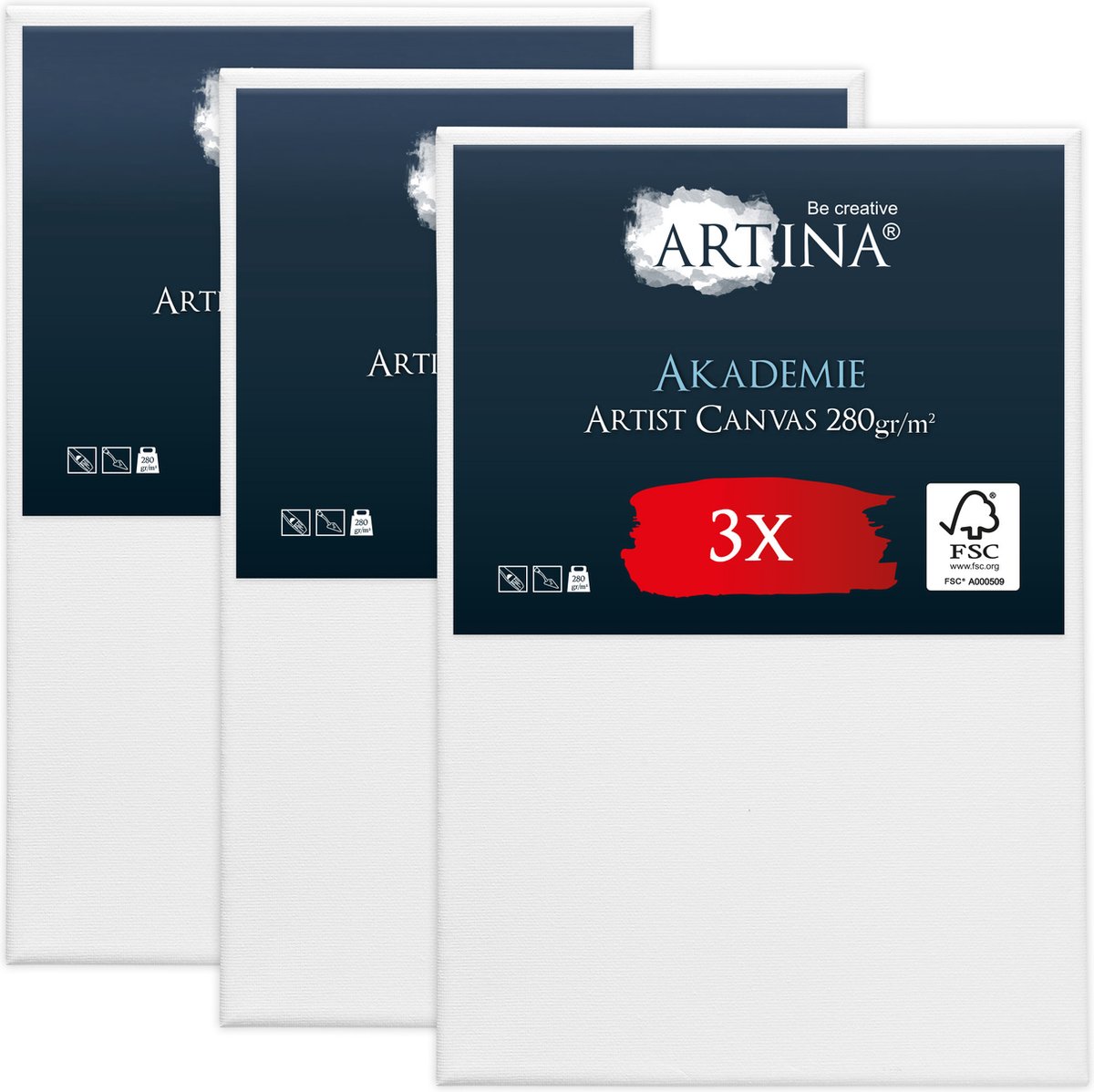 Artina Akademie – Set van 3 Schilderdoeken Canvas 20x30 cm – Spieraam van FSC® Hout – Wit Canvas 100% Katoen – 280 g/m134