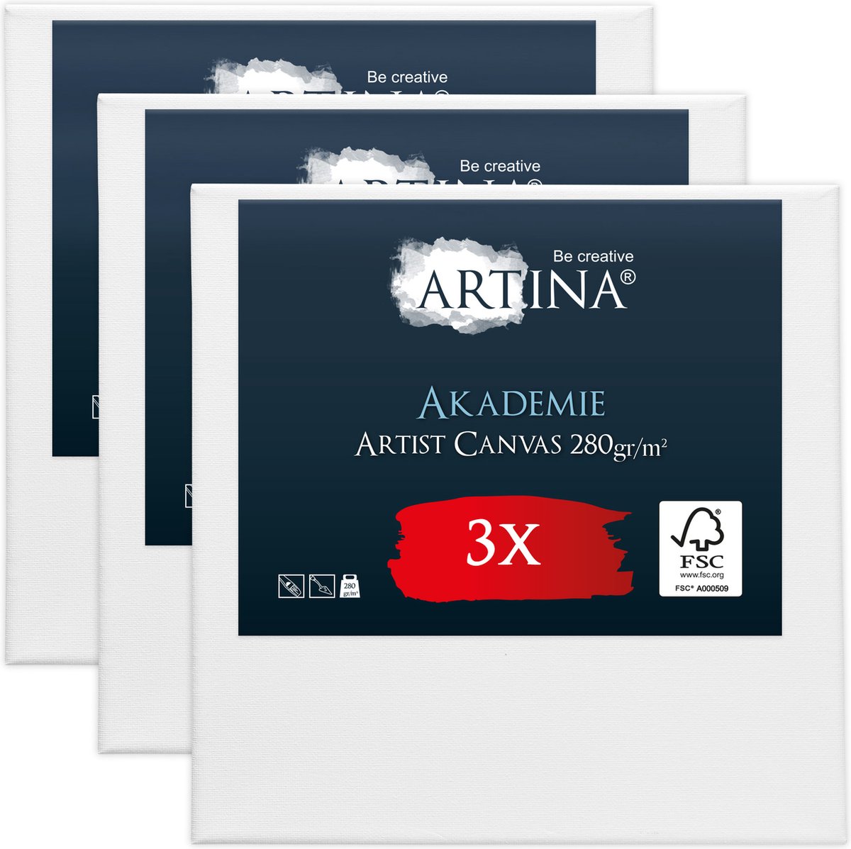 Artina Akademie – Set van 3 Schilderdoeken Canvas 70x70 cm – Spieraam van FSC® Hout – Wit Canvas 100% Katoen – 280 g/m154