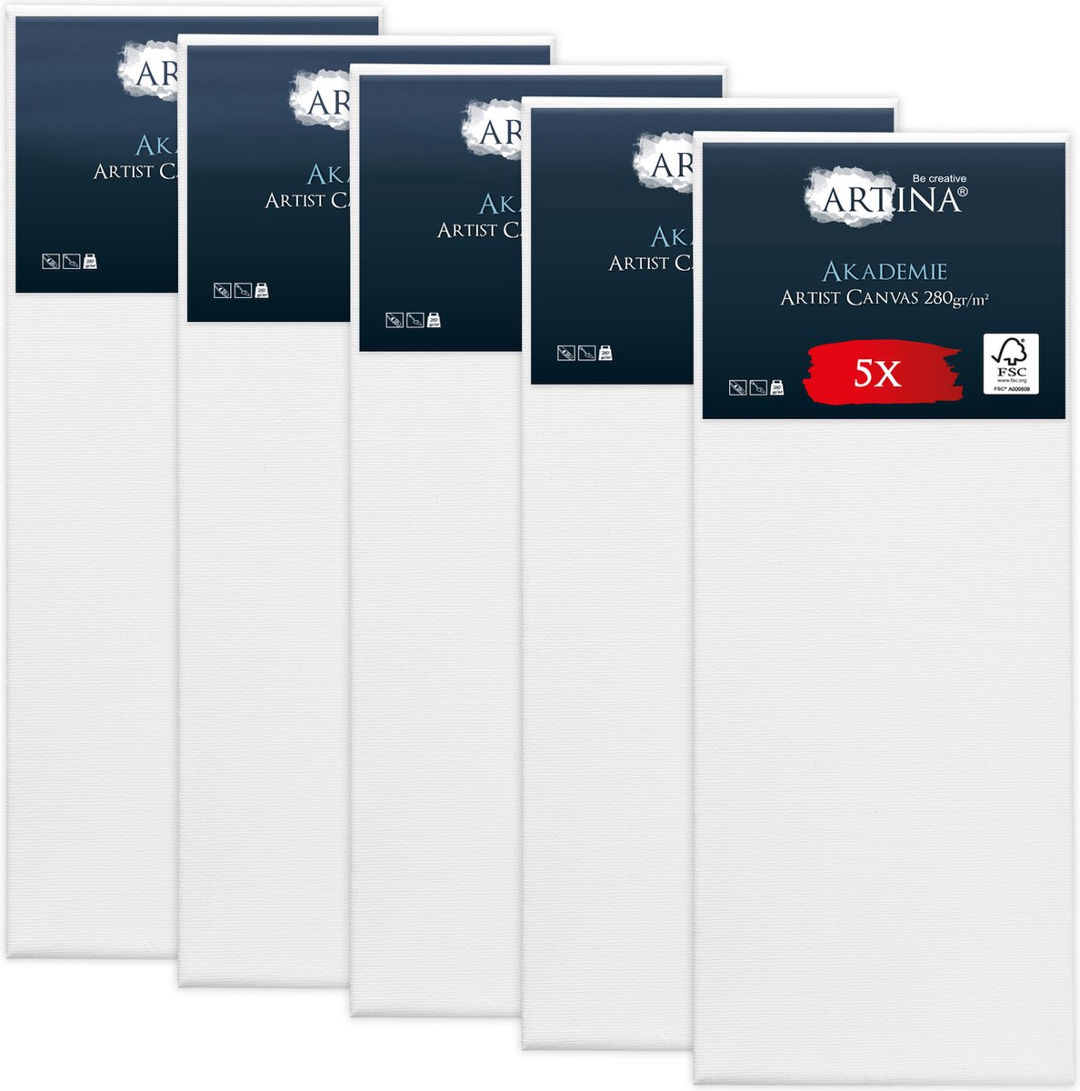 Artina Akademie – Set van 5 Schilderdoeken Canvas 30x80 cm – Spieraam van FSC® Hout – Wit Canvas 100% Katoen – 280 g/m144