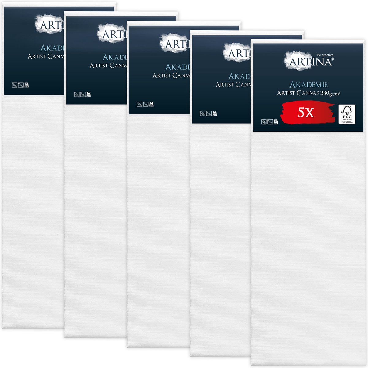 Artina Akademie – Set van 5 Schilderdoeken Canvas 50x150 cm – Spieraam van FSC® Hout – Wit Canvas 100% Katoen – 280 g/m146