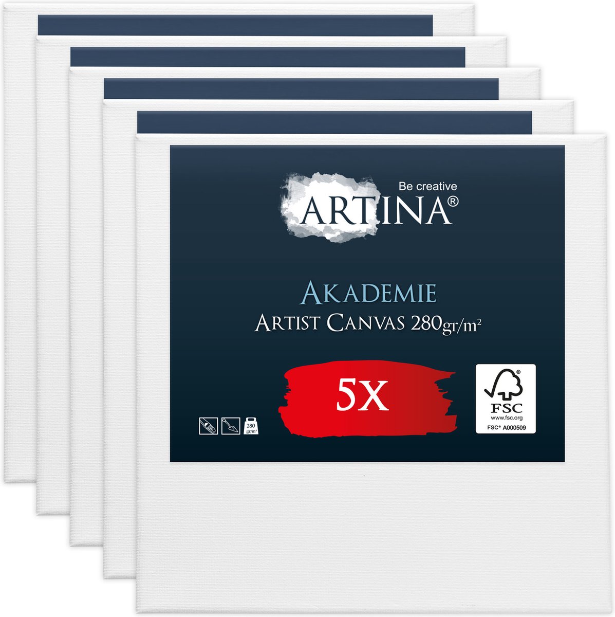 Artina Akademie – Set van 5 Schilderdoeken Canvas 50x50 cm – Spieraam van FSC® Hout – Wit Canvas 100% Katoen – 280 g/m