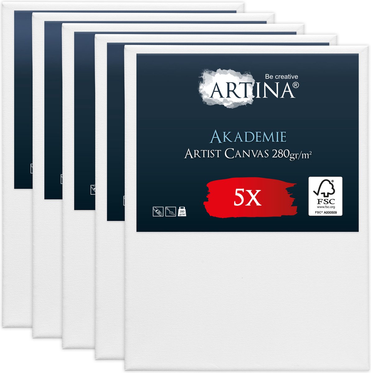 Artina Akademie – Set van 5 Schilderdoeken Canvas 70x100 cm – Spieraam van FSC® Hout – Wit Canvas 100% Katoen – 280 g/m156
