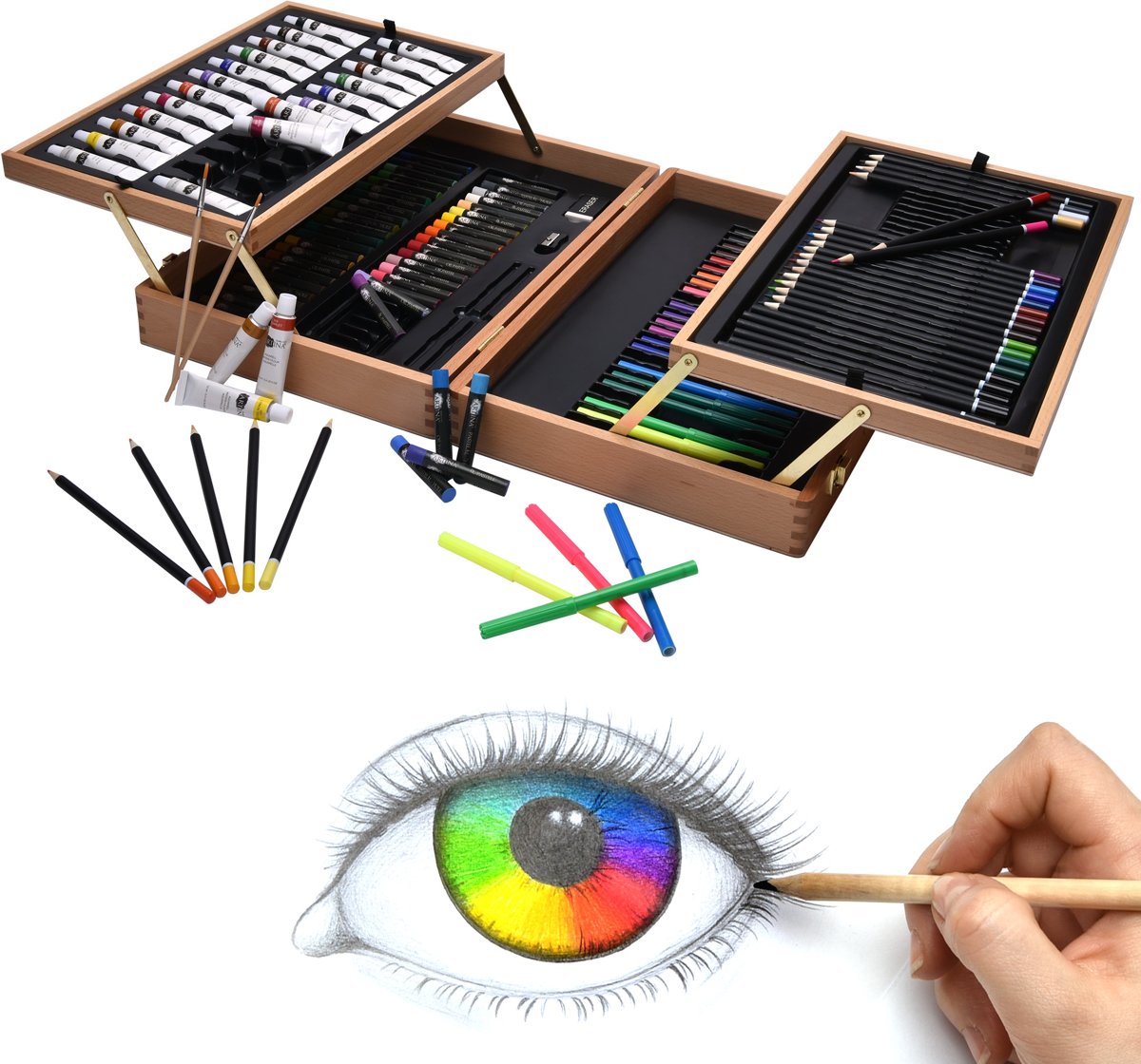   Schilderkoffer Tekenkoffer “Bologna” 127-delig: oliepastels, kleurpotloden, aquarelpotloden