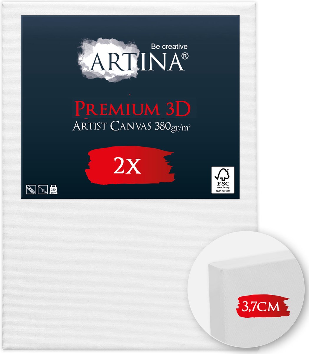 Artina Set van 2 Schildersdoeken 50x70 cm 3D Premium - Voorgerekte Doeken Wit met FSC® Houten Spieraam Stabiele Voorbehandelde Canvas Schildersdoek 380g/m²