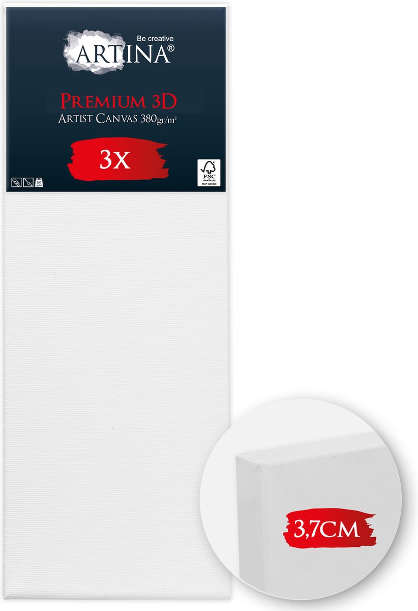 Artina Set van 3 Schildersdoeken 50x150 cm 3D Premium - Voorgerekte Doeken Wit met FSC® Houten Spieraam Stabiele Voorbehandelde Canvas Schildersdoek 380g/m²