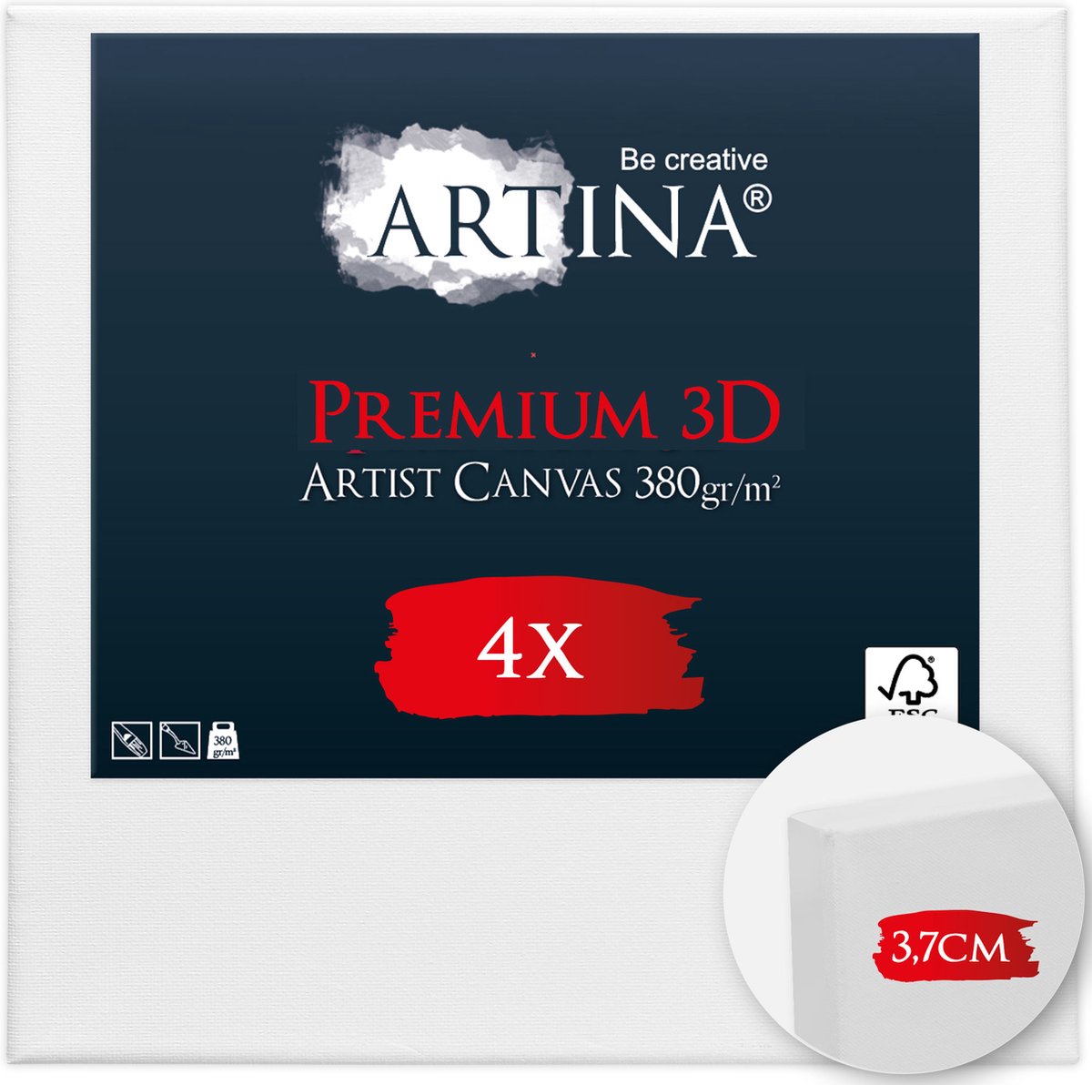Artina Set van 4 Schildersdoeken 50x50 cm 3D Premium - Voorgerekte Doeken Wit met FSC® Houten Spieraam Stabiele Voorbehandelde Canvas Schildersdoek 380g/m²