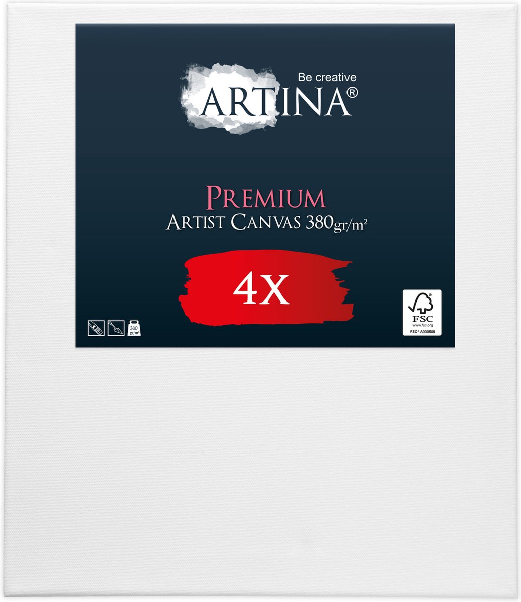 Artina Set van 4 Schildersdoeken 50x70 cm - FSC® Schildersdoek 4 Stuks - Premium Canvas Dubbel Geprimed Spieraam Wit
