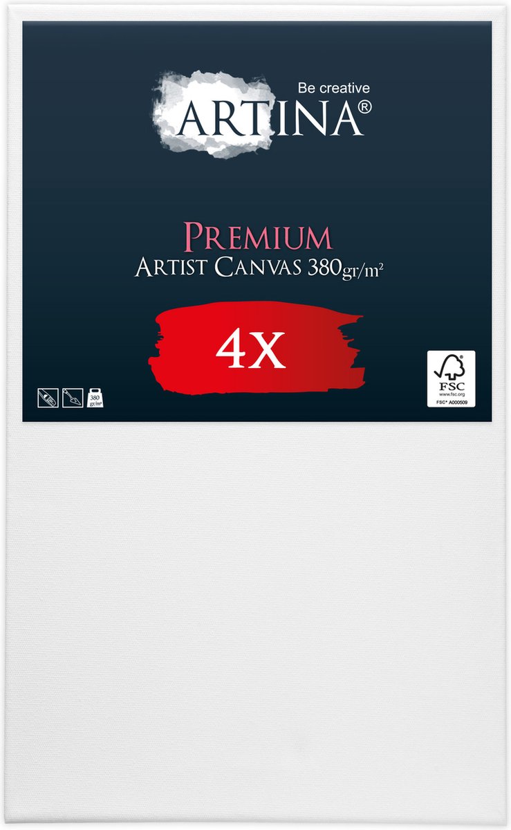 Artina Set van 4 Schildersdoeken 70x100 cm - FSC® Schildersdoek 4 Stuks - Premium Canvas Dubbel Geprimed Spieraam Wit