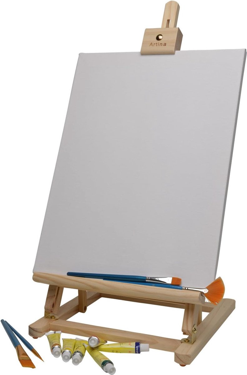 Tafelezel Sydney - Massief Dennenhout - 27x27x60cm - Verstelbaar & Opvouwbaar - Met Rubberen Antislipvoetjes - Geschikt Voor Alle Schildertechnieken - Voor Kinderen & Professionals - Tot 82cm Uitschuifbaar