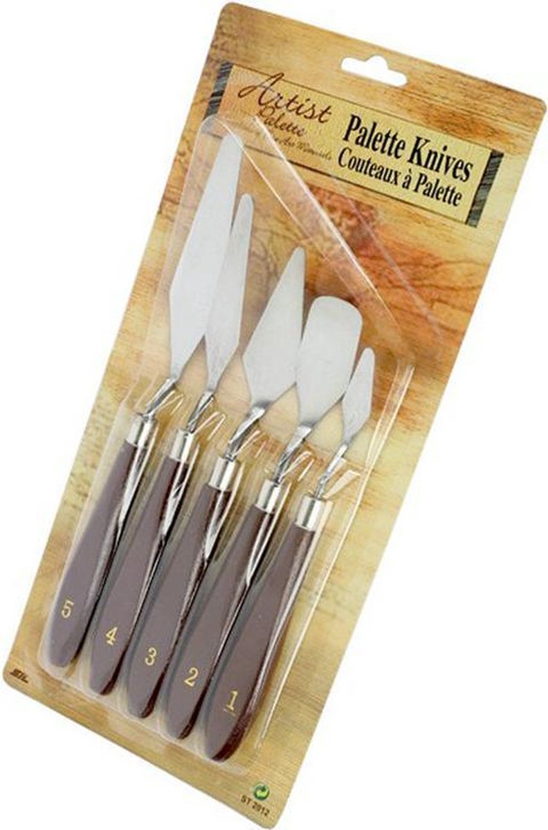 Artist Paletmessen Set - 5 stuks metalen paletmessen met houten handvat voor schilderen, acrylverf, verven, kunst, hobby.