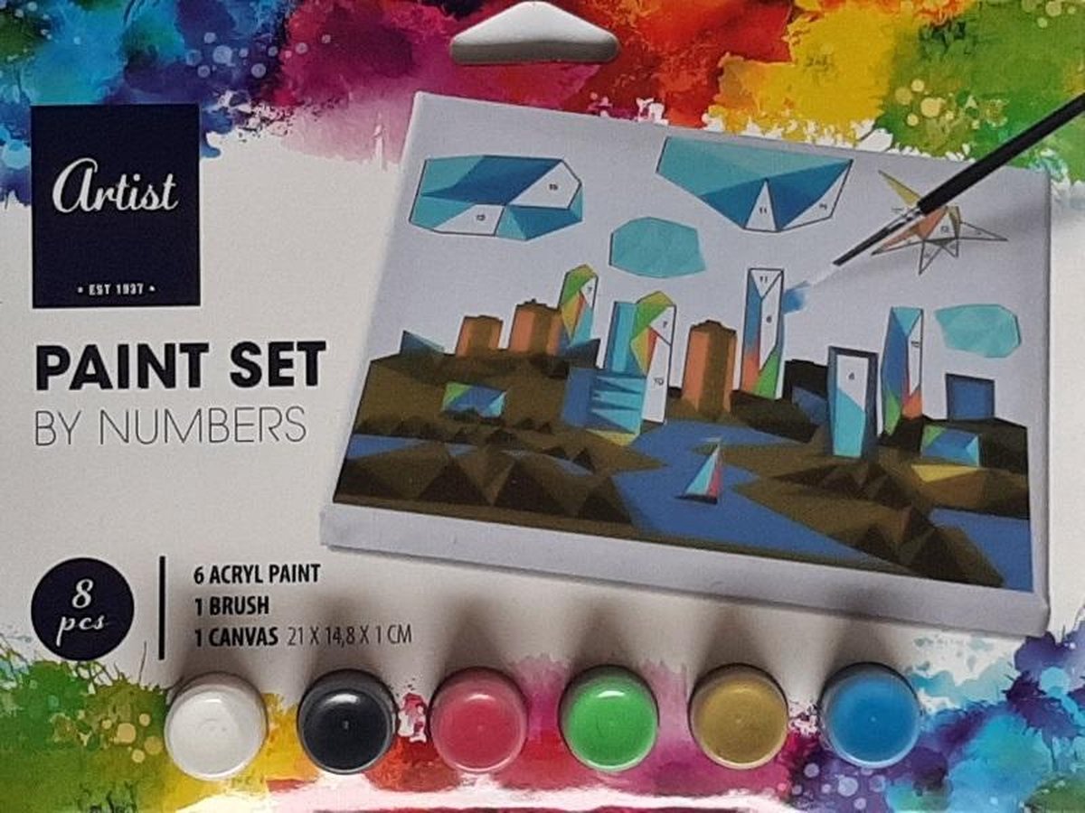 Schilderen op nummer - 6 kleuren acryl verf, kwast en canvas schilderij - paint set by numbers City -  Artist