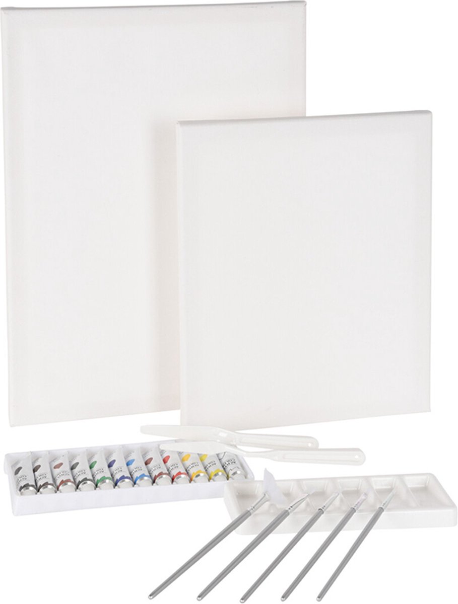 Schilderpakket - 2 stuks Schildersdoeken + Acrylverf + Materialen