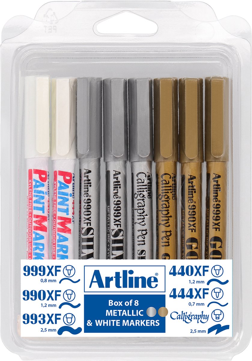 ARTLINE Metallic stiften & white markers Kit - 8 stuks - Goud, Silver, White
