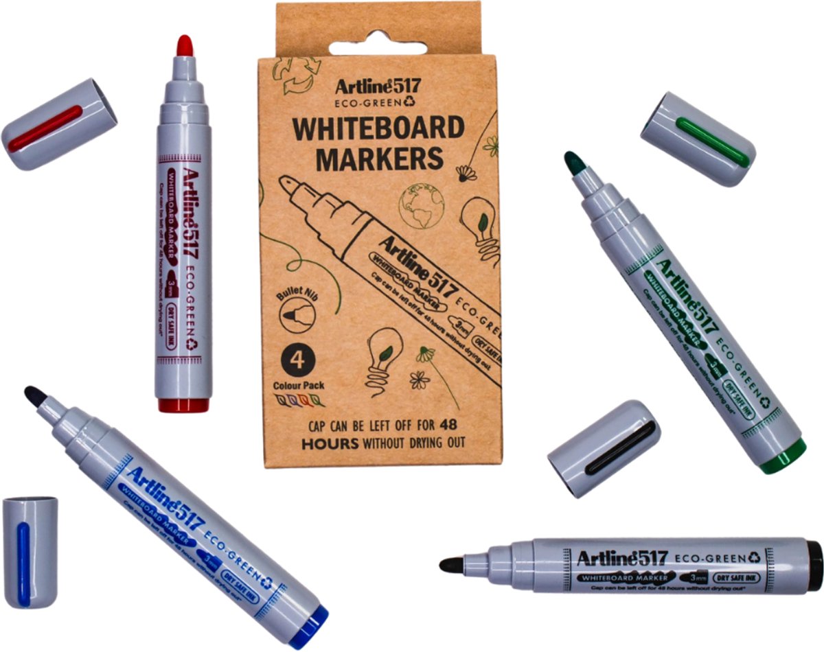 Whiteboardmarker Artline 517 Dry Safe Eco rond medium ass 4 stuks