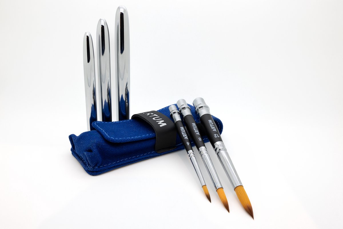 Artum - Reis Penselenset 3 Delig Rond - Aquarel Schilderen Onderweg - Diervriendelijk - Opbergtasje