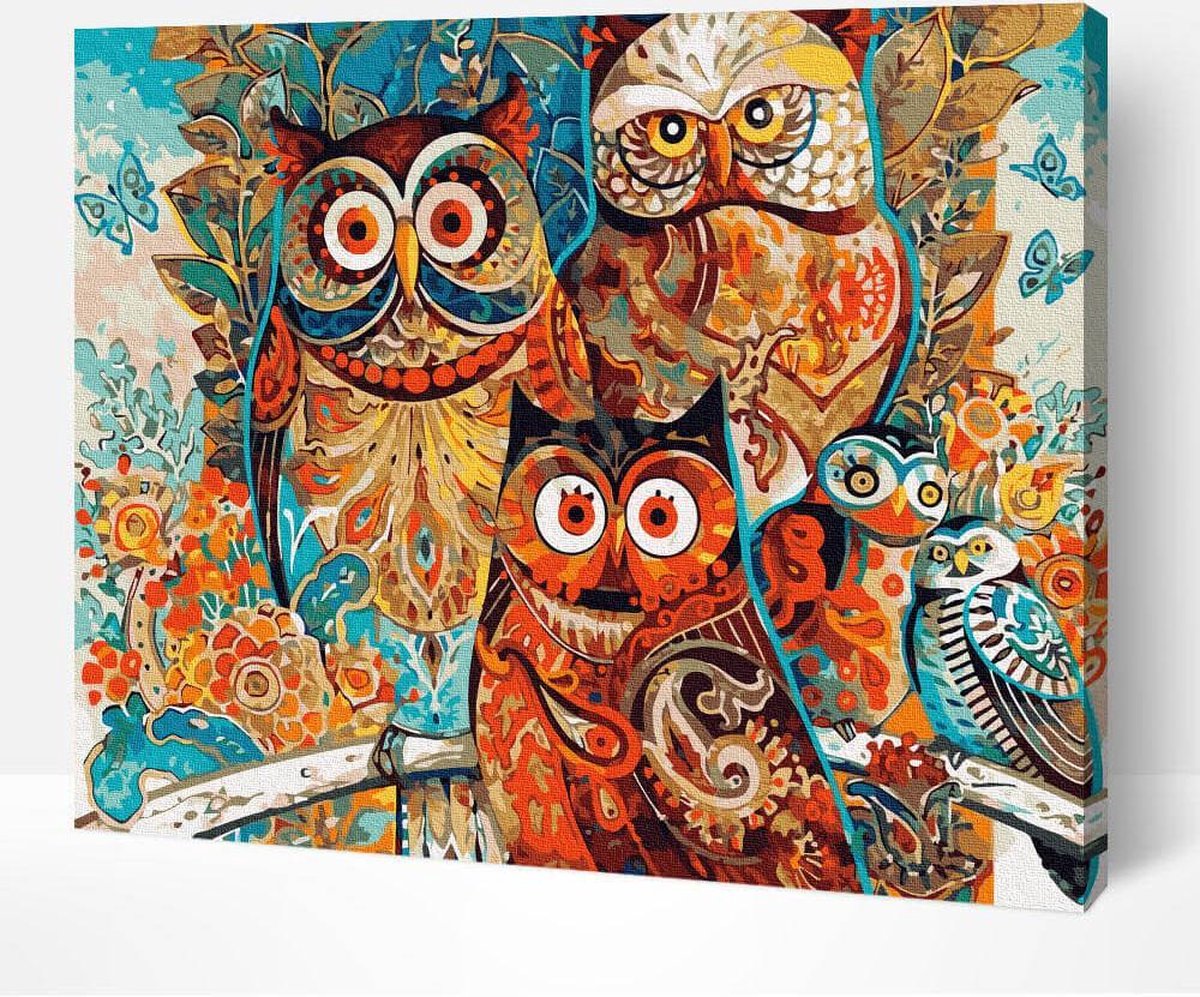 Schilderen Op Nummer Volwassenen - Paint By Number - Hobby Pakket op Frame met Vernis - Uilen Bijeenkomst 50x40cm