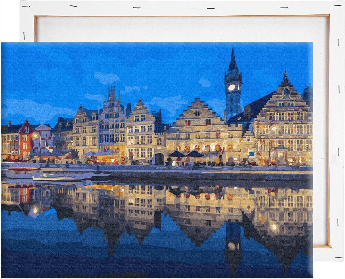 Schilderen Op Nummer Volwassenen DIY Paint By Number Compleet Hobby Pakket op Frame met Vernis - ®Arty Bee - Gent Bij Nacht 50x40cm