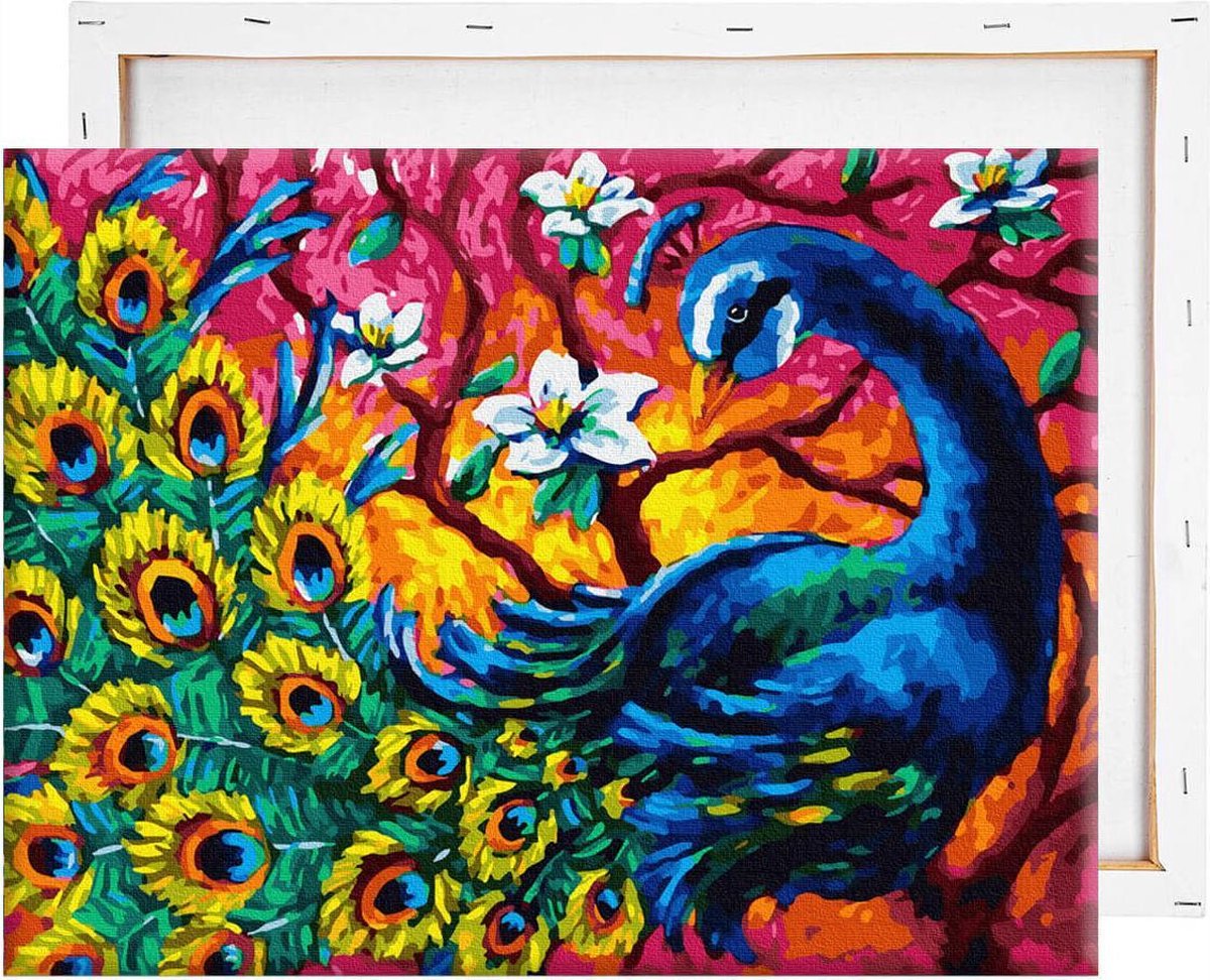 Schilderen Op Nummer Volwassenen DIY Paint By Number Compleet Hobby Pakket op Frame met Vernis - ®Arty Bee - Kleurrijke Pauw 50x40cm