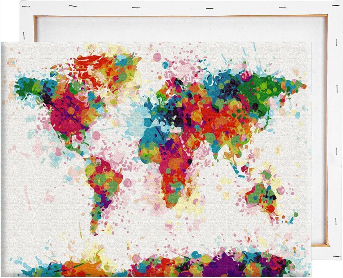 Schilderen Op Nummer Volwassenen DIY Paint By Number Compleet Hobby Pakket op Frame met Vernis - ®Arty Bee - Kleurrijke Wereld 50x40cm