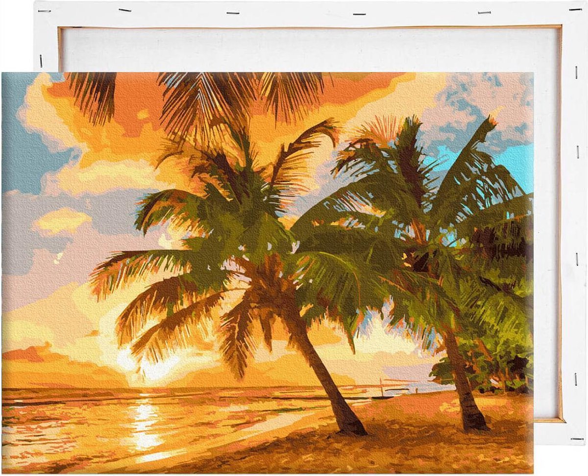 Schilderen Op Nummer Volwassenen DIY Paint By Number Compleet Hobby Pakket op Frame met Vernis - ®Arty Bee - Perfecte Zonsondergang 50x40cm