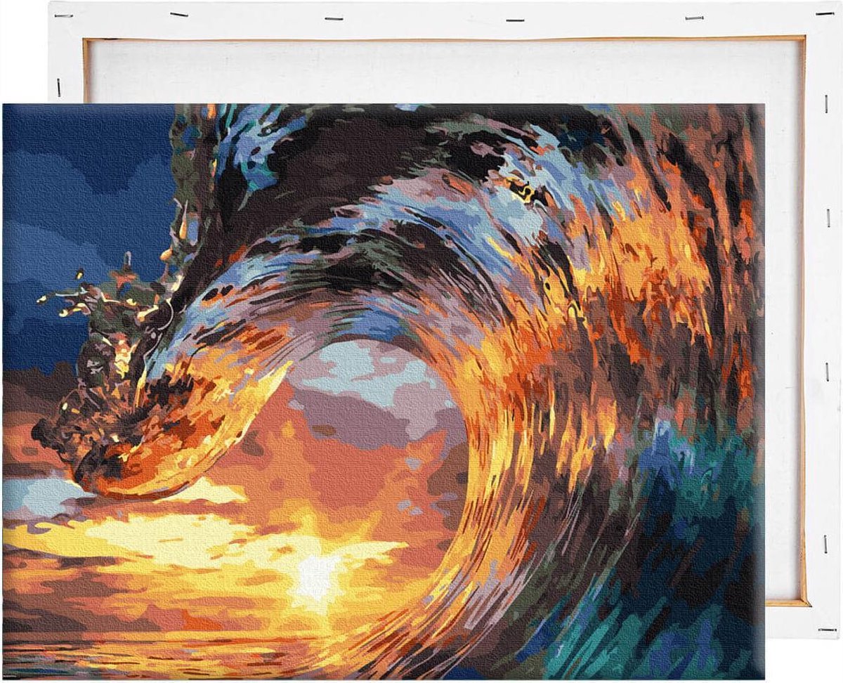 Schilderen Op Nummer Volwassenen DIY Paint By Number Compleet Hobby Pakket op Frame met Vernis - ®Arty Bee - Zonsondergang Golf 50x40cm