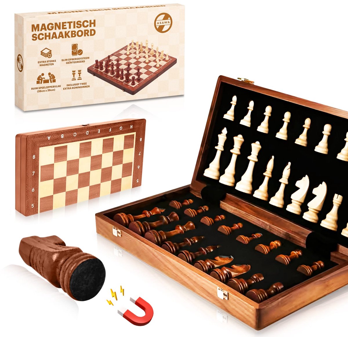 Asawa Magnetisch Schaakbord - XL Schaakspel met Schaakstukken - Chess - Schaakset voor Schaken - 39x39cm - 2 Extra Koninginnen