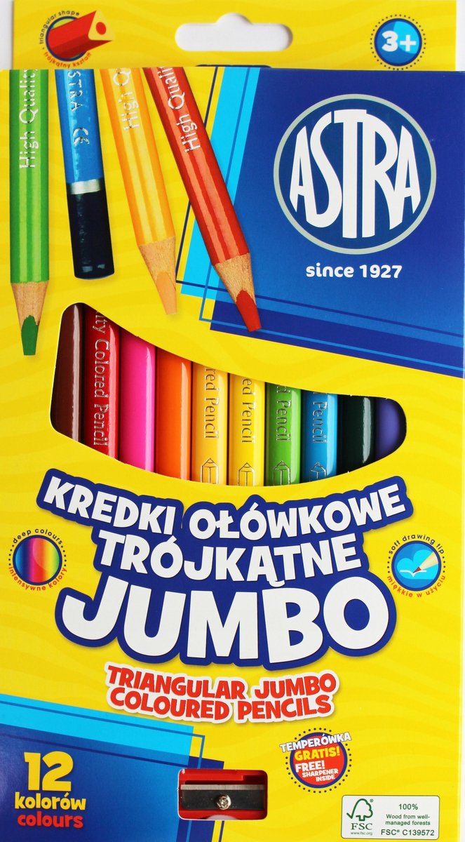 Astra Jumbo Driekantige Kleurpotloden, 12 Kleuren + Puntenslijper
