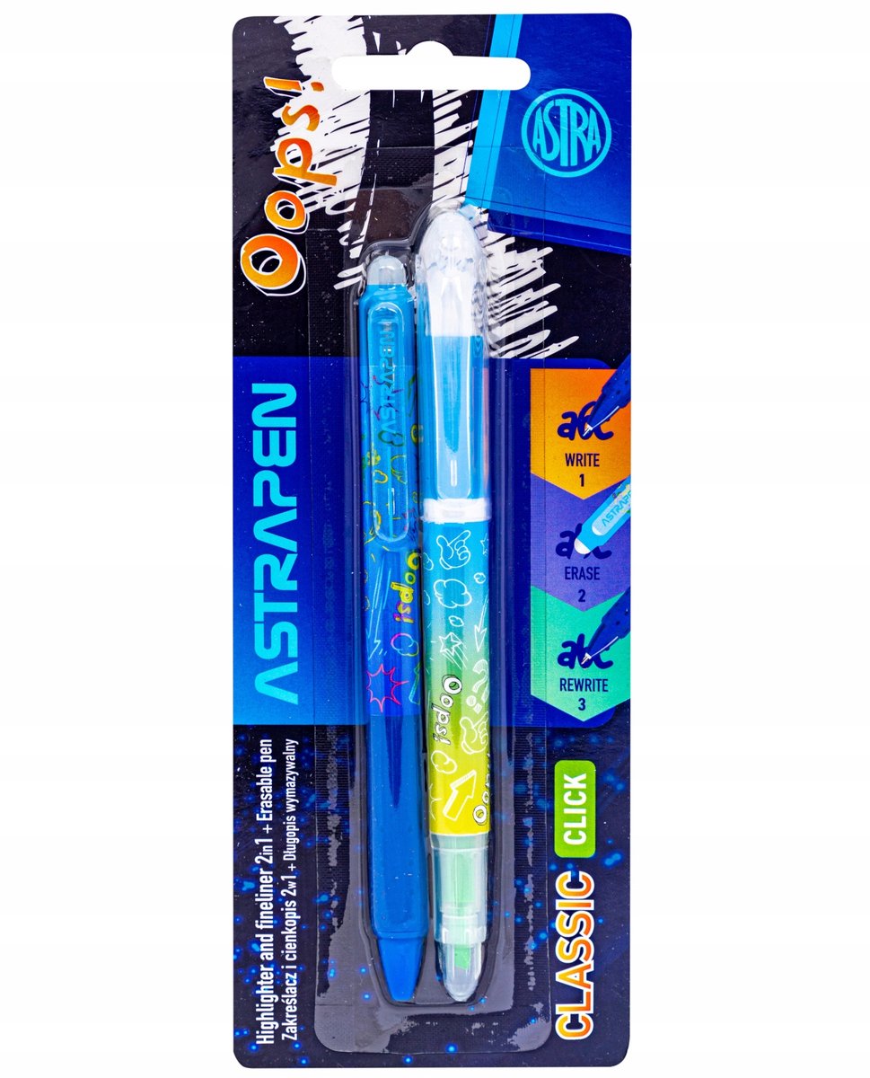 Astra Oops! 2-in-1: Uitwisbare Pen, Markeerder & Fineliner