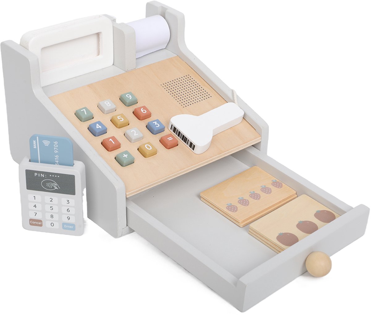 Atan houten kassa speelgoed met scanner en pinapparaat - educatief rollenspel.