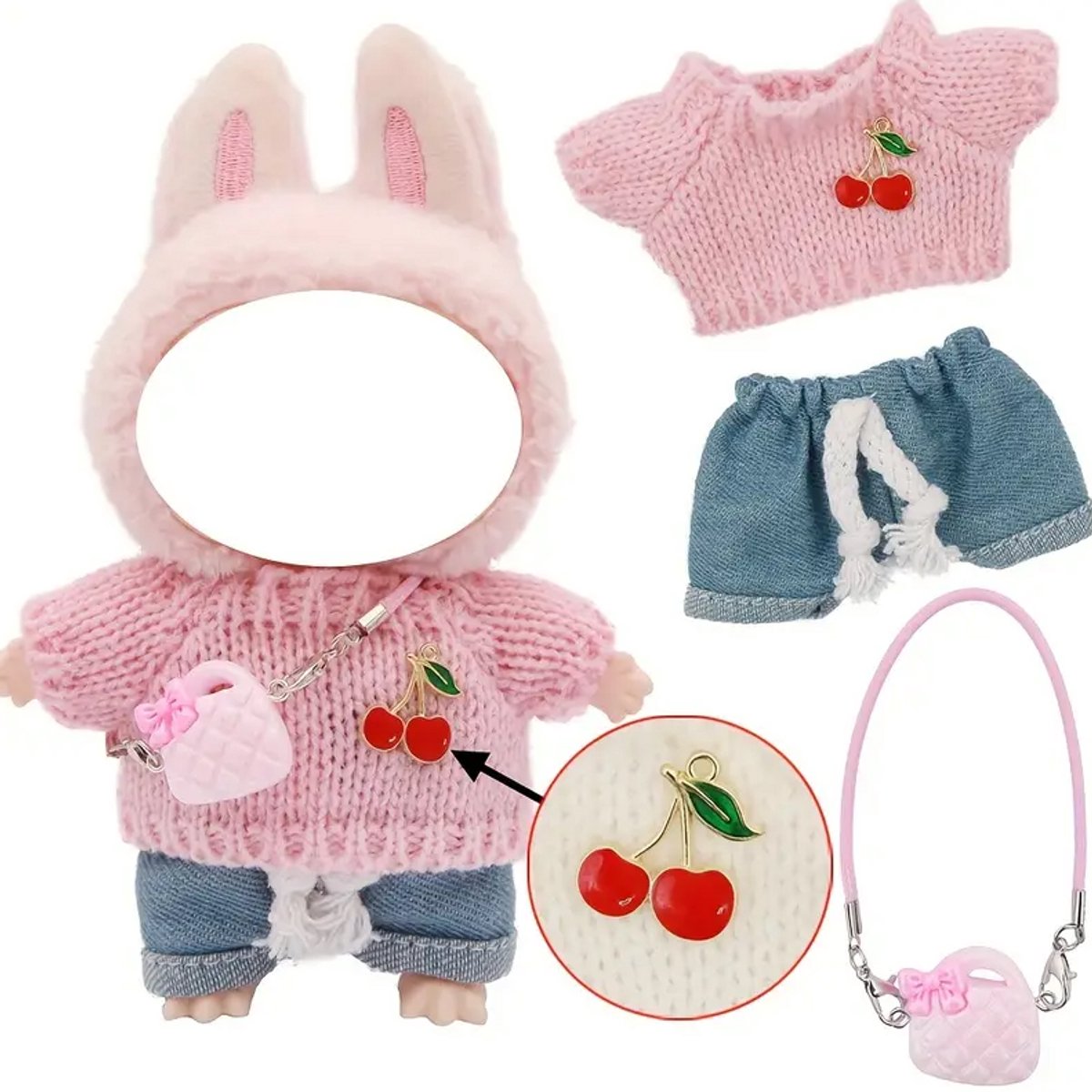 Labubu Outfit – Labubu Poppenoutfit – 17 cm –Roze Gebreide Trui met Kersenmotief, handtasje & Denim Shorts –Geschikt voor Labubu Pop 17 cm Complete Outfit