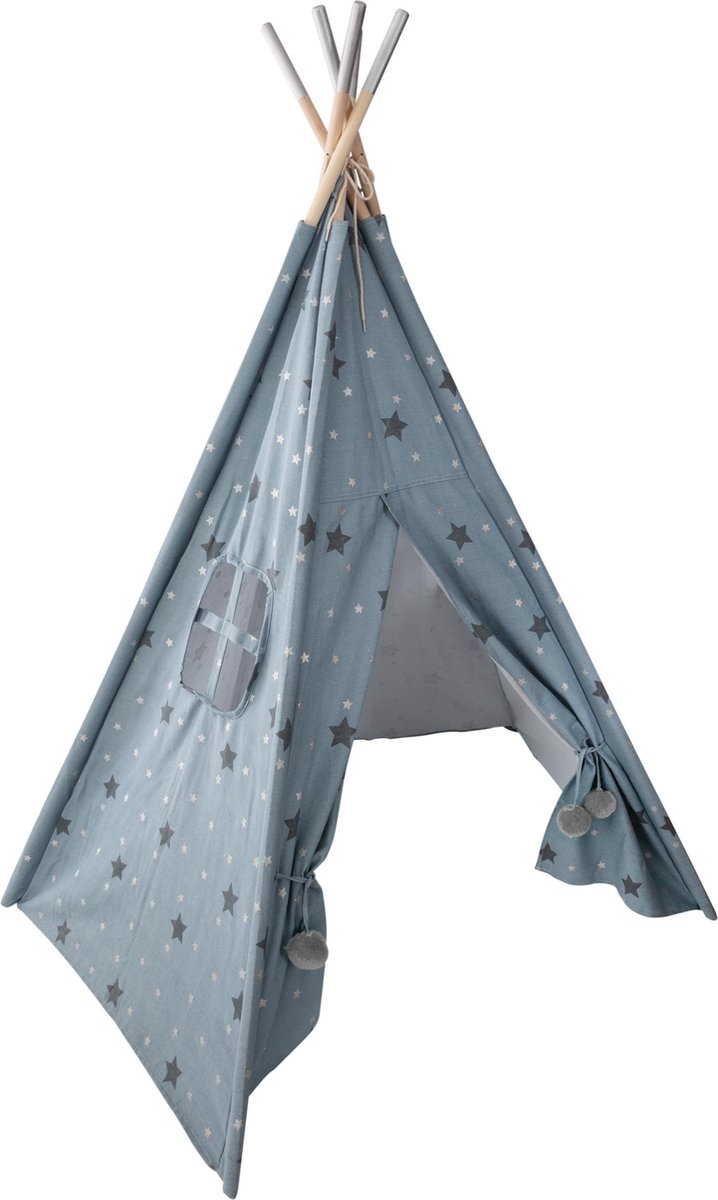 Atmosphera Kinder - Tipi tipi wigwam- blauw met grijze en zilveren sterren - Speeltent - Hoogte 160 cm - Katoen