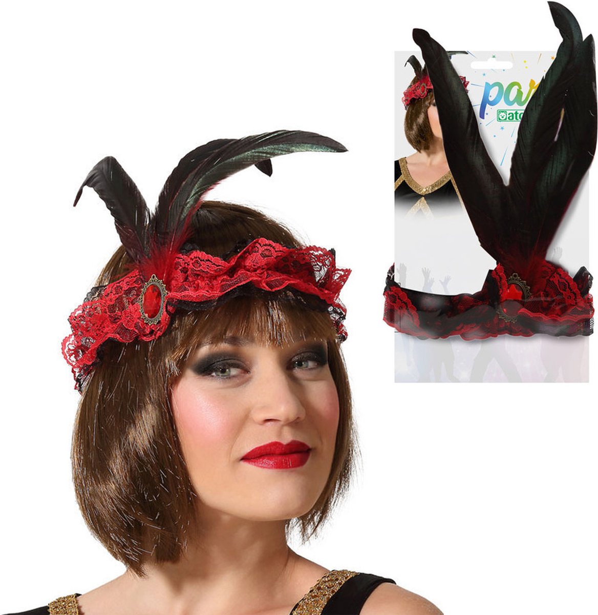 Atosa Charleston Flapper Hoofdband - 2x - tule en veertjes - rood - Dames - jaren 20/Twenties thema/Charleston